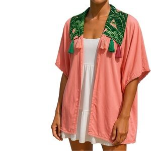 ✨ Judith March Pink Tassel Kimono | Tropical Leaf Print | Boho Beach Cover-Up